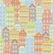 Colorful houses seamless pattern, city background, urban landscape. Multicolored bright European brick house, flat drawing,