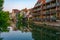 Colorful houses on shore of river Pegnitz in Central Nurnberg, G