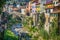 Colorful houses in a small village with stone bridge at Dolcedo, Imperia, Liguria, Italy