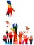 Colorful human hands raised isolated vector illustration. Charity and help, volunteerism, social care and community support concep