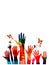 Colorful human hands raised isolated vector illustration. Charity and help, volunteerism, social care and community support concep