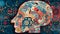 Colorful a human skull with abstract patterns and symbols. Generative AI.
