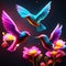 Colorful hummingbirds flying in the night sky with flowers. 3d rendering AI generated