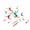 Colorful hummingbirds with music notes isolated vector illustration