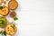 Colorful hummus in bowls flatlay. Healthy vegetarian meal