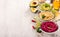Colorful hummus, different dips, vegan snack, beetroot and avocado hummus, vegetarian eating copy space
