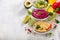 Colorful hummus, vegan snack, beetroot and avocado hummus, vegetarian eating, copy space background
