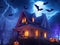 Colorful hyper-realistic Halloween scary, bat, home lightning with pumpkin.