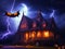 Colorful hyper-realistic Halloween scary, bat, home lightning with pumpkin.