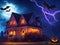 Colorful hyper-realistic Halloween scary, bat, home lightning with pumpkin.