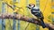 Colorful Hyperrealistic Mural: Downy Woodpecker In Spring Foliage