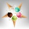 Colorful Ice cream cone array in form of star shape, Different fruit flavors, Vector illustration