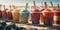 Colorful ice cream cups on a sandy beach with the sea shore blurred in the background