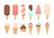 Colorful ice cream popsicle and waffle cones collection, vector illustration. Ice-cream scoops with different toppings.