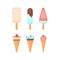 Colorful ice cream popsicle and waffle cones collection, vector illustration. Ice-cream scoops with different toppings.