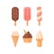 Colorful ice cream popsicle and waffle cones collection, vector illustration. Ice-cream scoops with different toppings.