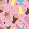 Colorful ice-cream seamless pattern. Pink background and polka dot. Summer food vector illustration. Sweet Frozen Desserts.