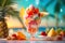 colorful ice cream sundae with fruit topping and sprinkles in a tropical theme setting. blurred palm trees background. Generative