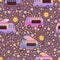 Colorful ice cream trucks seamless pattern, with cute smiling suns, flowers, hearts and ice cream.