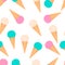 Colorful ice creams waffle cones seamless pattern. Summer dessert flat vector background. Easy to edit template for