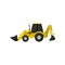 Colorful icon of backhoe-loader. Yellow tractor with two buckets. Heavy digging machine. Flat vector design