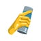 Colorful icon of human hand in protective glove holding bottle with cleaning powder for kitchen or bathroom. Household
