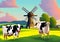 Colorful idyllic countryside Illustration of Grazing Cows, Windmill, and Blue Sky on Lush Farmland