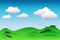 Colorful idyllic landscape background in blue and green, peaceful illustration with the place for text