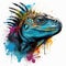 Colorful Iguana Head in Dark Bronze and Azure Neonpunk Style for Lith Print.