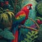 Colorful illustrated parrot in tropical jungle (generative AI)