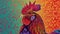 Colorful illustrated rooster on a vibrant abstract background