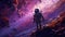 colorful illustration of astronaut in space suit and helmet exploring alien planet with mountains and stars and moons on