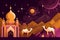 A colorful illustration of camels and a mosque with a star on the top. AI generation