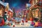 Colorful illustration of the exterior of houses in a Christmas village