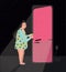 Colorful illustration featuring late night fridge raid. Sleepy woman is taking out pie from refrigerator. Eating at