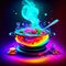 Colorful illustration of a frying pan with a spoon full of food AI generated