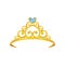 Colorful illustration of golden princess crown. Precious head accessory. Shiny queen tiara decorated with beautiful blue