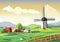 Colorful Illustration of Grazing Cows, Farmhouses, a Windmill, and a cloudy Sky on Lush Farmland