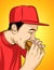 Colorful illustration of a guy eating junk food.