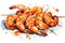 Colorful illustration of herb-spiced shrimp skewers on a white plate