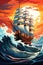 colorful illustration of old ancient wooden sail ship pirate sailboat at open sea or ocean, in style of watercolor