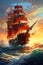 colorful illustration of old ancient wooden sail ship pirate sailboat at open sea or ocean, in style of watercolor