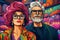 Colorful illustration of an old fashionable couple wearing glasses