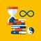 Colorful illustration about philosophy in modern flat style. College subject icon. Hourglass, books, philosophical symbols.