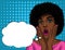 Colorful illustration in pop art style of beautiful african american woman`s face in shock emotions.