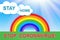 Colorful illustration of a rainbow with sunbeams and slogan