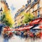 Colorful illustration of a street view of Paris.
