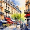 Colorful illustration of a street view of Paris.