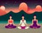 Colorful illustration of a three woman's meditating in a yoga pose. International day of yoga