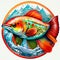 Colorful illustration of a trout fish on a round plate with a mountain background Generative AI